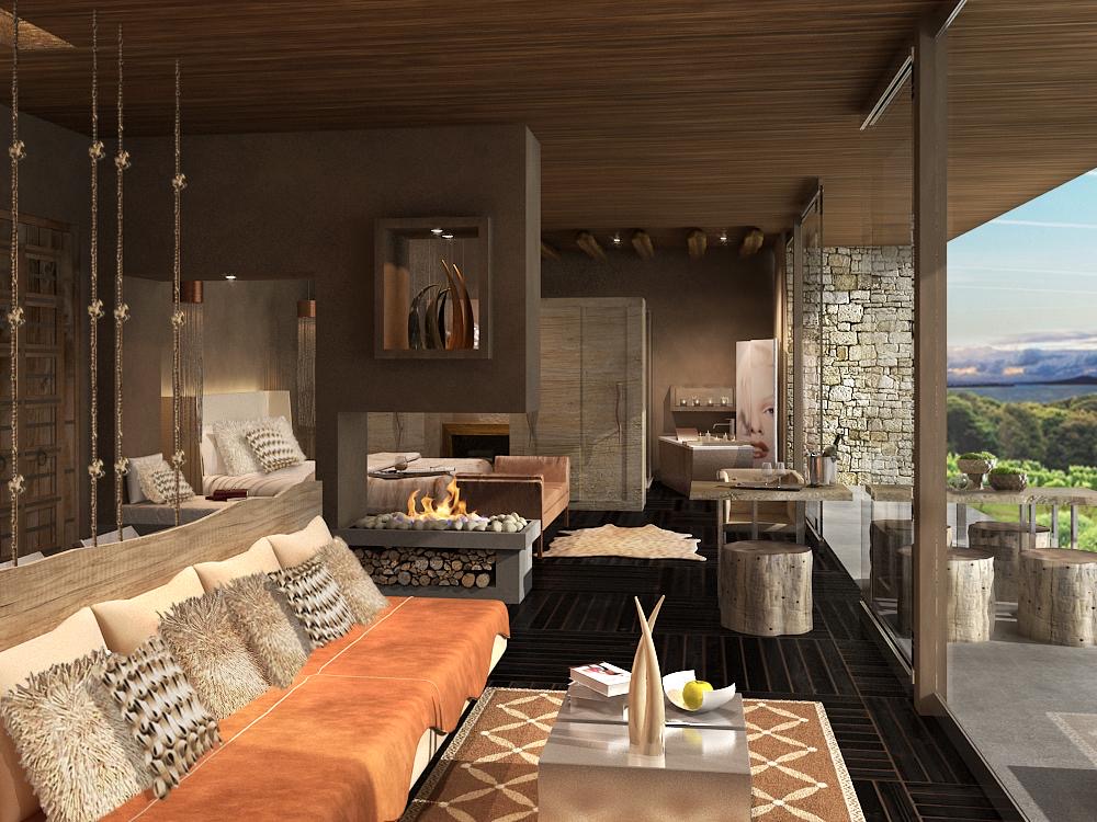 Casita suite with fireplace and vineyard view